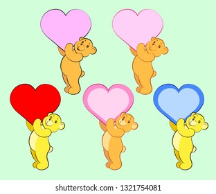 Several options for cute teddy bears with a heart gift and a space (frame) for text or congratulations on Valentine's Day, the birth of a child, a boy or a girl, words of love