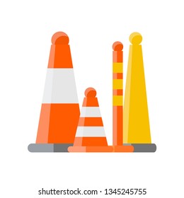 Several orange cones and various types of road stops elements on white