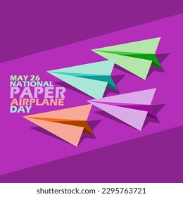 Several origami paper airplanes of different colors with bold text on purple background to celebrate National Paper Airplane Day on May 26