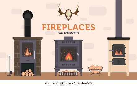 Several ovens and accessories to them. Stone and brick classical and modern fireplaces. Fire and firewood. Reindeer antlers on the wall.