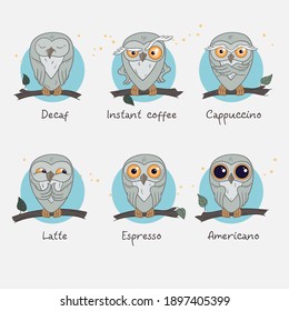 Several owls with emotions on branches