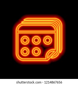 Several pages of calendar. Simple outline icon. Orange neon style on black background. Light icon