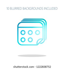 Several pages of calendar. Simple outline icon. Colorful logo concept with simple shadow on white. 10 different blurred backgrounds included