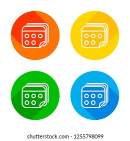 Several pages of calendar. Simple outline icon. Flat white icon on colored circles background. Four different long shadows in each corners