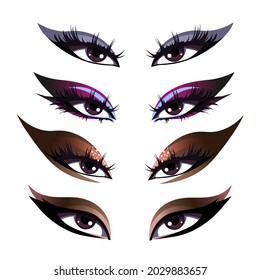 several pairs of female eyes with makeup on a transparent background