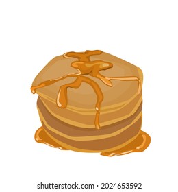 Several pancakes are stacked and topped with caramel.Isolated vector illustration on a white background.