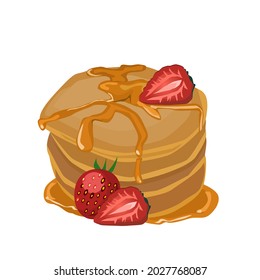 Several pancakes are stacked and topped with caramel.Strawberry fruit is placed on the side and top.Isolated vector illustration on a white background.