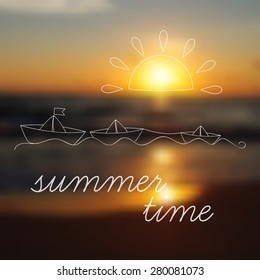 Several paper boat floating on the sea at sunset. Blurred background of sunset photos, line drawing. Vector.