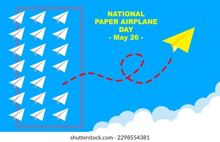 several paper planes arranged neatly in a box frame and a dotted line with yellow paper airplanes flying above the clouds with a light blue background commemorating NATIONAL PAPER AIRPLANE DAY on May 
