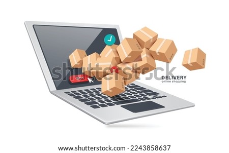 Several parcel boxes or cardboard boxes and pin and confirm icon fly out of laptop computer after cursor push red buy button on laptop computer screen,vector 3d isolated for delivery,online shopping