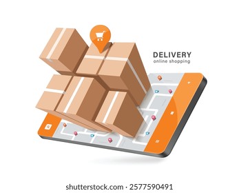 Several parcel boxes or cardboard boxes are placed on a GPS map on smartphone and marked with pin to deliver product to customer, vector 3d isolated for online shopping, delivery concept design