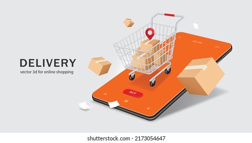 Several parcel boxes are placed in shopping cart and floating in air around and has pin in middle and all objects on smartphone,vector 3d isolated on white background for delivery and online shopping