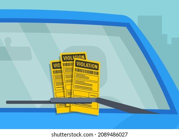 A several parking violation tickets fine on the windshield of car. Close-up view. Flat vector illustration template.