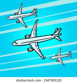 several passenger Airliners aircraft air transport. Comic cartoon pop art vector retro vintage drawing