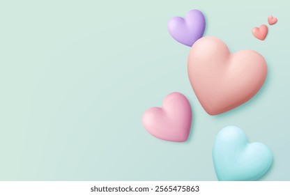 Several pastel hearts in soft pink, blue, and purple float gently across a light green backdrop, creating a serene, dreamy atmosphere