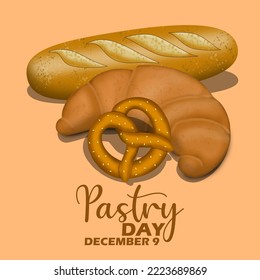 Varios pasteles con texto en negrita con fondo marrón claro para celebrar el Día de la Pastelería el 9 de diciembre