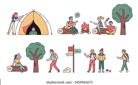 Several people are camping and tracking. flat design style minimal vector illustration.