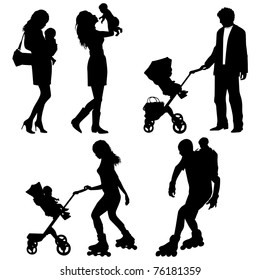 several people with children - vector silhouettes