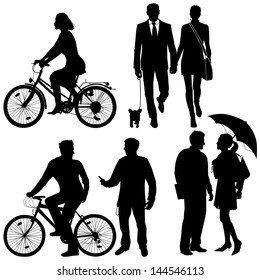 several people, city live - vector silhouettes