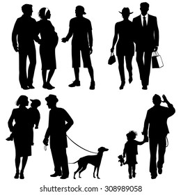 Several people, city live - vector silhouettes