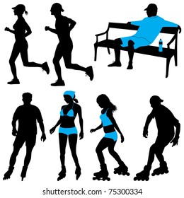 Several people in city park - vector silhouettes