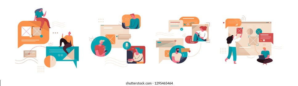 Several People Communicate On The Internet Using Chat, Calls And Email. Stock Vector Illustration