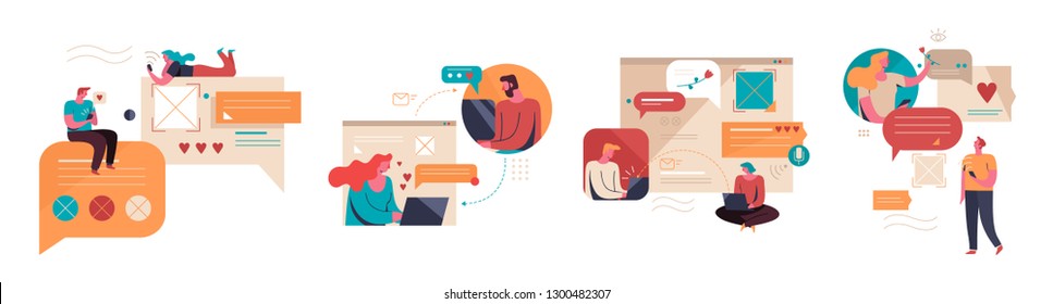 Several people communicate on the Internet using chat, calls and email. Stock vector illustration