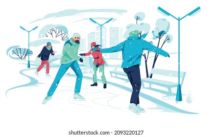 Several people go ice skating in a winter city park. Winter fun. flat vector illustration