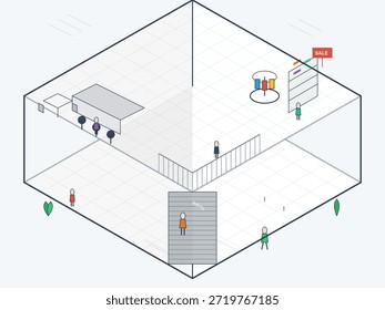 Several people are inside a store engaging in different activities. Some are shopping, while others are interacting near a sale sign. The setting is simple and organized.