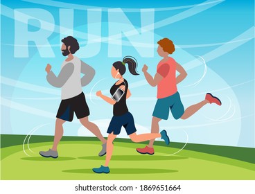 Several people jogging in nature. People jogging hard vector illustration.
