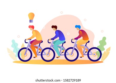 Several people ride a bike. Teamwork. Modern vector illustration.	