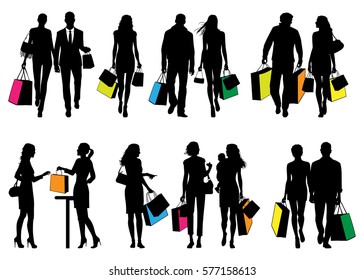 Several people in shopping center - vector silhouettes