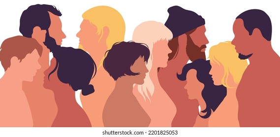 Several people talking. Multi-ethnic crowd. Discussion between a large group of people. Coloured Flat cartoon profiles. Many people speaking.