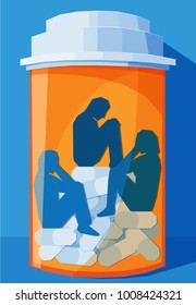 several people trapped inside a pill bottle - concept for prescription drug abuse
