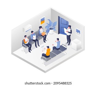 Several people in the waiting room waiting for a call in isometric illustration
