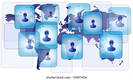 Several persons in social media network on world map