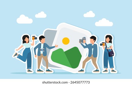 several photographers gathering near photo gallery album illustration of sharing session about photography knowledge development
