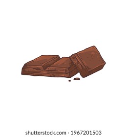 Several pieces of milk or dark chocolate, hand drawn etched style vector illustration isolated on white background. Chunk of chocolate cacao product image.