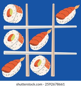 Several pieces of sushi with chopsticks