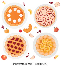 Several pies, apple pie, pumpkin pie, berry pie, peach pie. Whole and chopped apples, pumpkins, peaches and berries are all around.
Vector illustration isolated on white background.