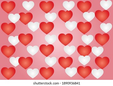 Several pink and red paper hearts on a light pink background