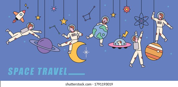 Several planets are adorned like mobiles, and astronauts are playing happily in them. flat design style minimal vector illustration.