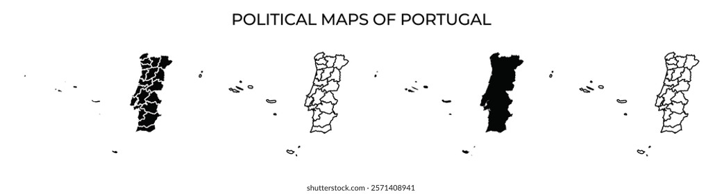 Several political maps display the different regions of Portugal, highlighting their boundaries and geographical features. The maps vary in shading to emphasize distinctions.