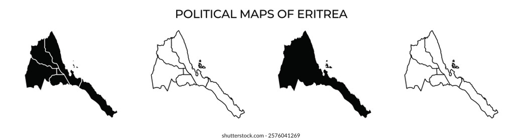 Several political maps of Eritrea are shown, highlighting different areas in black and white. Each map represents various administrative divisions of the country, providing a clear comparison.