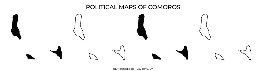 Several political maps illustrate the changing borders of Comoros islands. Each map highlights significant shifts in territory and governance during various periods.