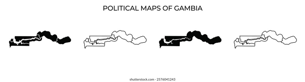 Several political maps illustrate the changing borders and regions of Gambia. Each map showcases different delineations and features throughout distinct historical periods.