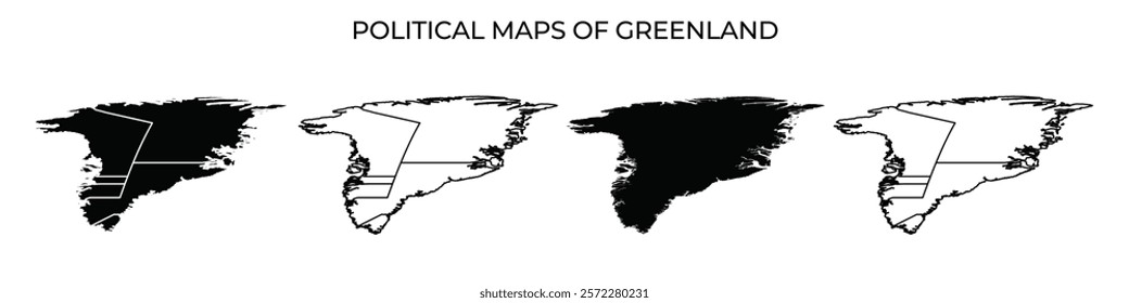 Several political maps illustrate the distinct regions of Greenland. Each map presents a unique perspective on the geographical boundaries and administrative divisions of the island.