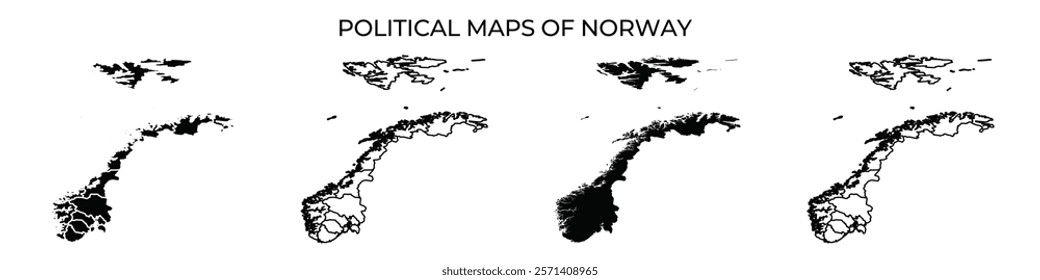 Several political maps illustrate the various regions of Norway, highlighting its geographical features and administrative boundaries in a clear black and white style.