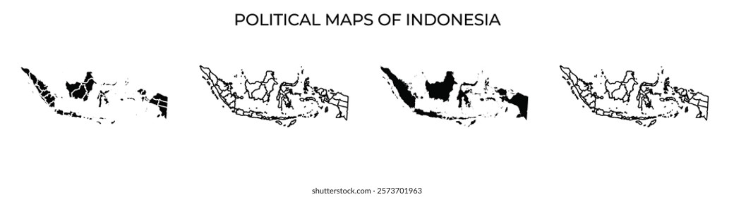 Several political maps of Indonesia display different regions and administrative boundaries. The maps highlight the countrys geographic diversity, showcasing its islands and provinces clearly.