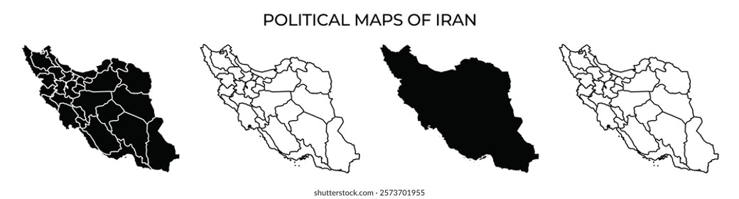 Several political maps of Iran display the countrys divisions and geographical features. Each map shows various colors and outlines that represent specific regions or areas.